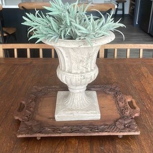 Vintage lightweight wooden tray. Beautiful leaf carving defining the tray.